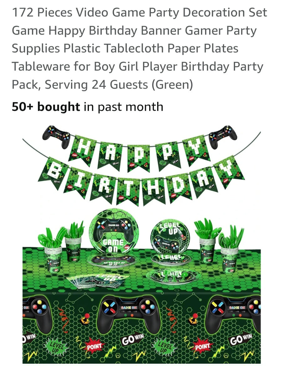 172 Pieces Video Game Party Decoration Set Game Happy Birthday Banner Gamer Party Supplies Plastic Tablecloth Paper Plates Tableware for Boy Girl Player Birthday Party Pack, Serving 24 Guests