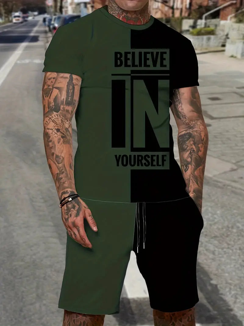 Fashion Men's Summer Set, "Believe In Yourself" Graphic Print T-shirt Shorts Set For Males, Casual Daily Clothing, Plus Size