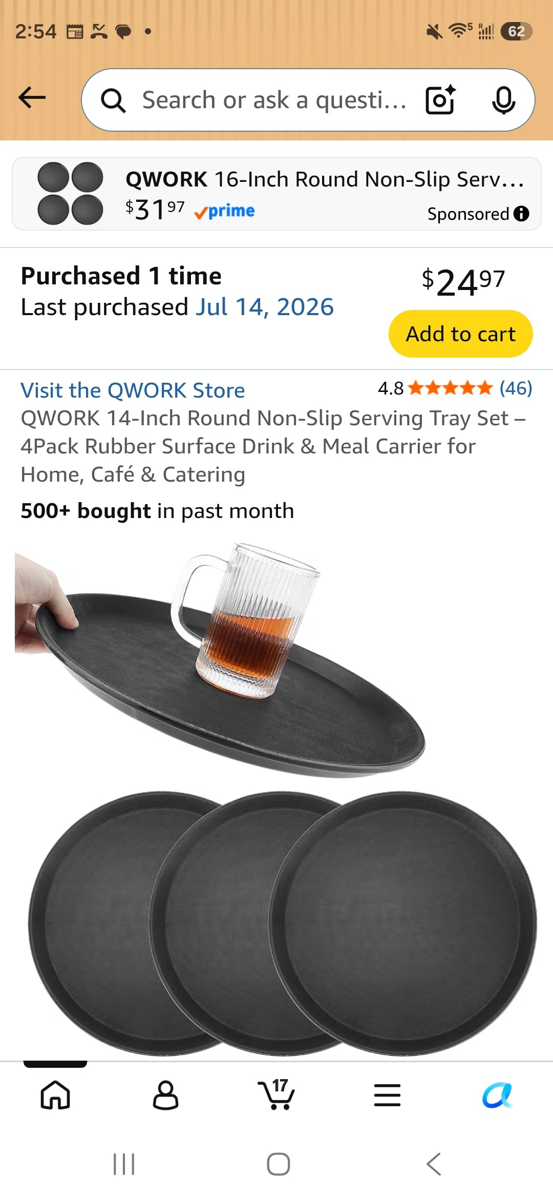 QWORK 14-Inch Round Non-Slip Serving Tray Set – 4Pack Rubber Surface Drink & Meal Carrier for Home, Café & Catering