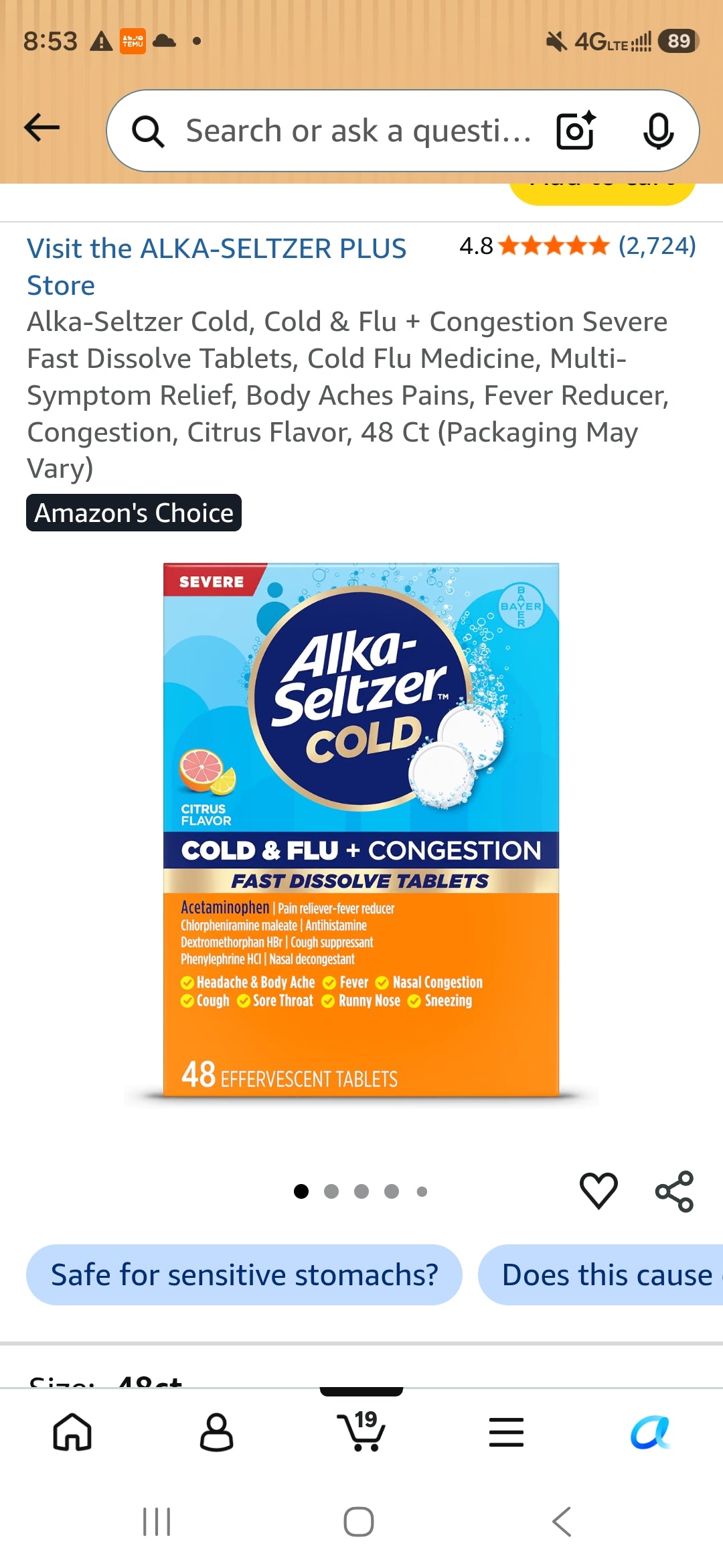 Alka-Seltzer Cold, Cold & Flu + Congestion Severe Fast Dissolve Tablets, Cold Flu Medicine, Multi-Symptom Relief, Body Aches Pains