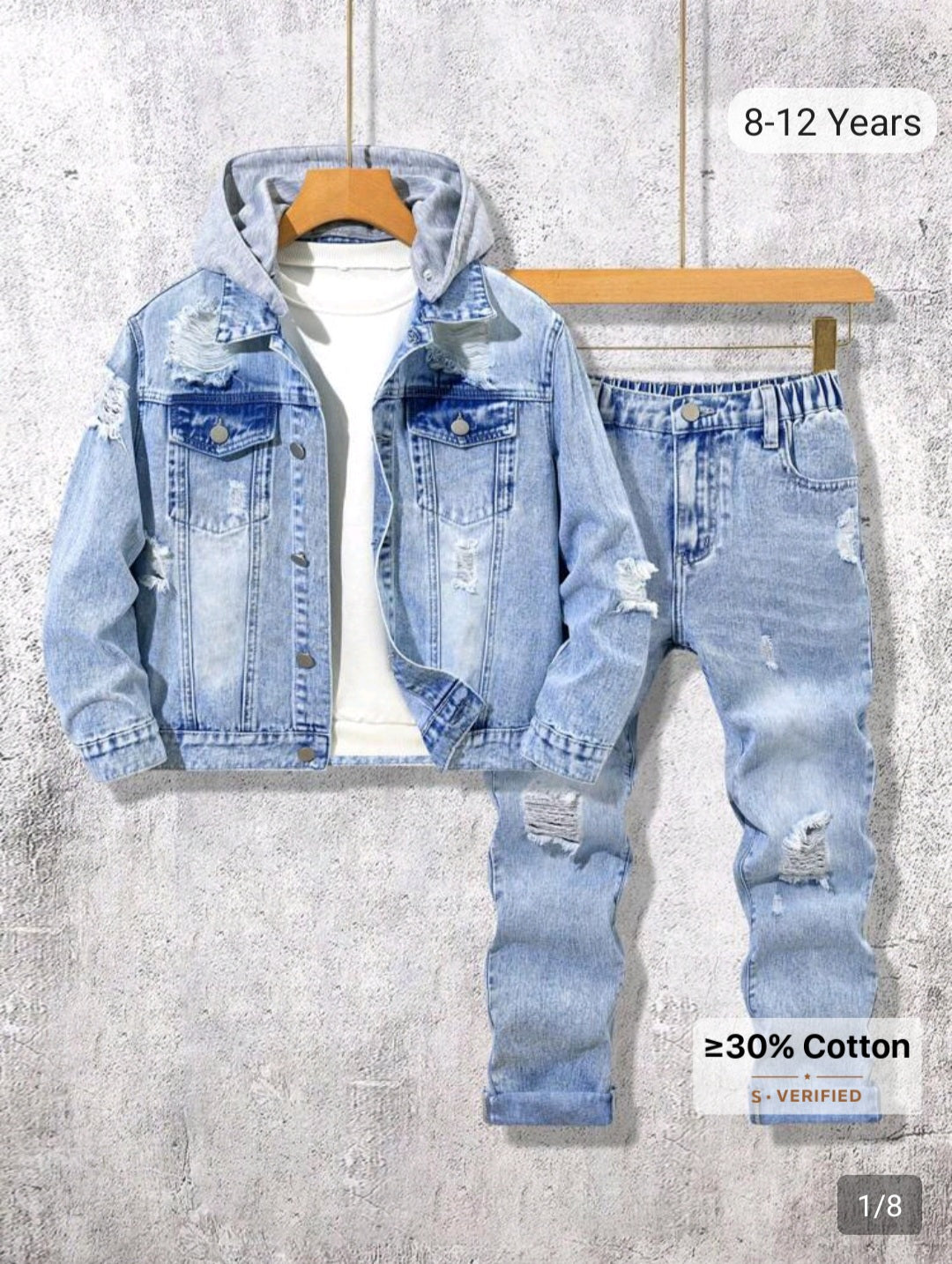 Tween Boy Oversized Casual Ripped Washed Denim Set, Fashionable Light Blue, School, Campus, College Chic Outfits For Autumn/Winter
