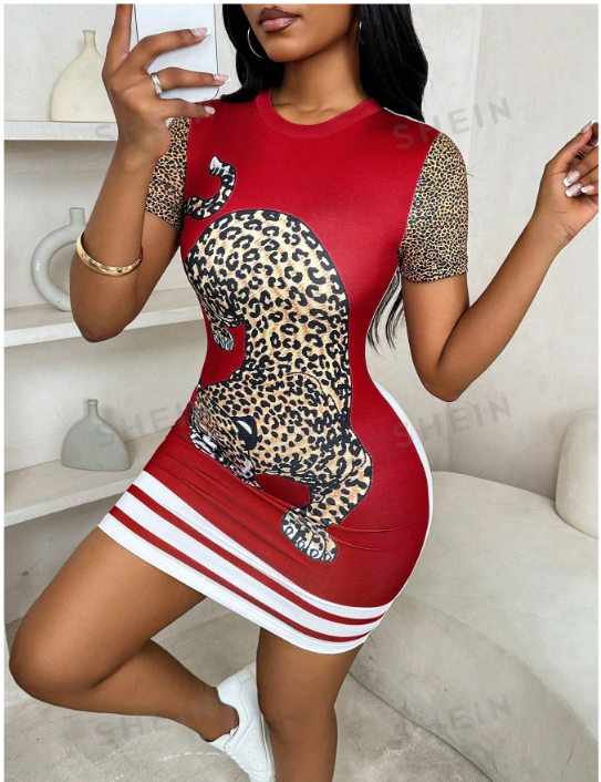 American Style Slim Fit Round Neck Leopard Print Short Sleeve Dress