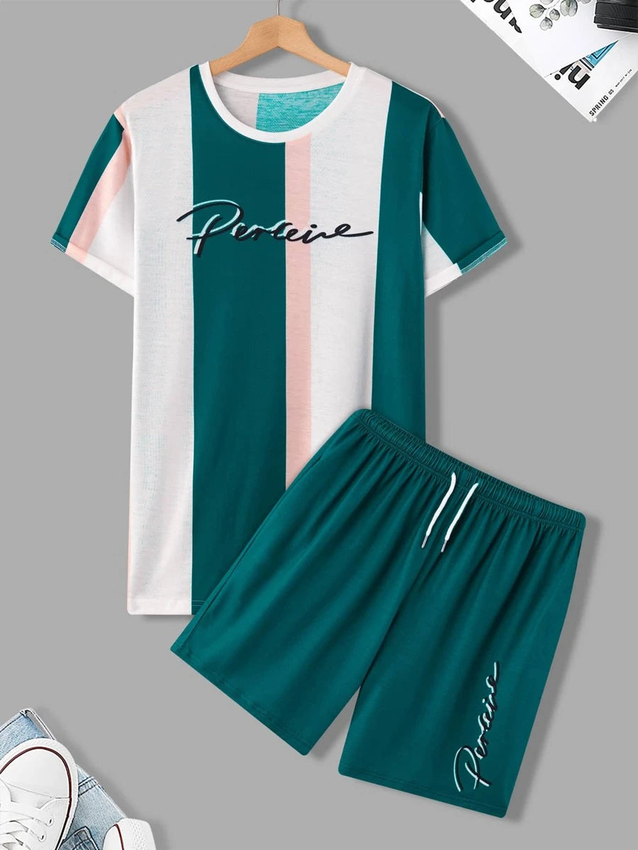 Letter & Color Block Print Tee & Drawstring Waist Shorts (A)