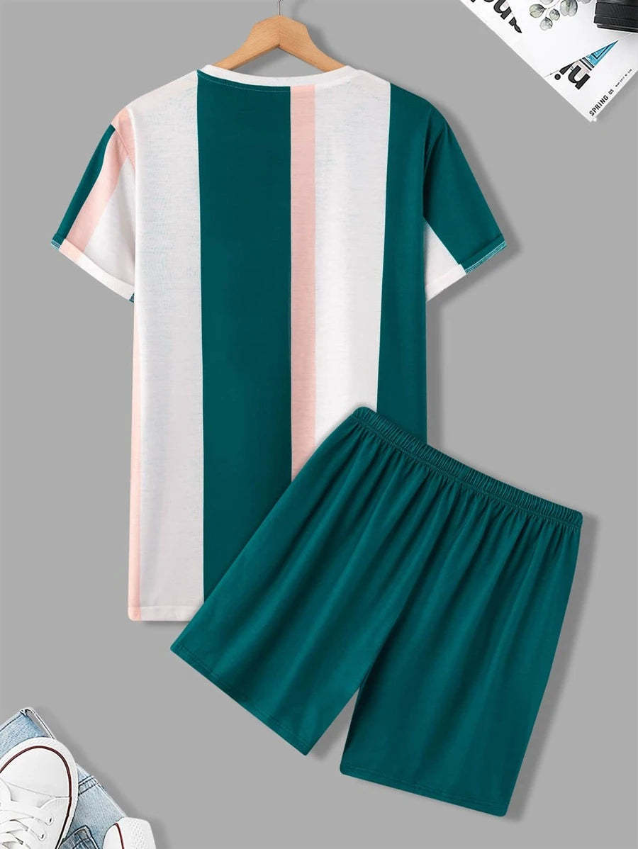 Letter & Color Block Print Tee & Drawstring Waist Shorts (A)