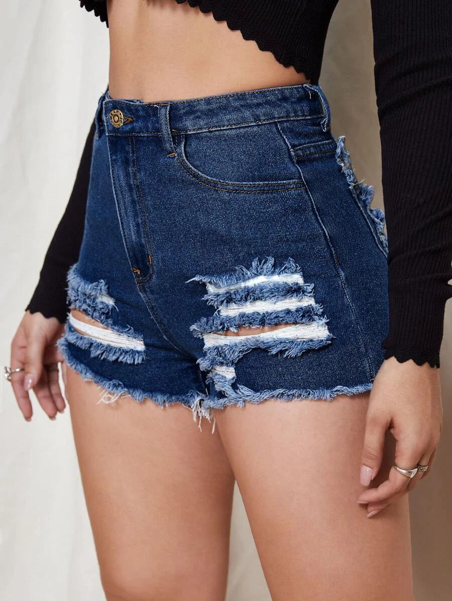 High Waisted Ripped Denim Shorts - (verified)