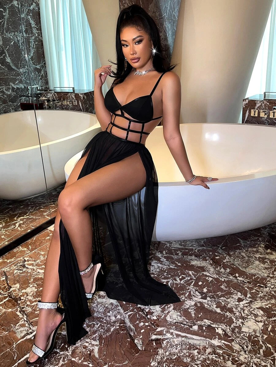 Cut Out M-slit Hem Mesh Maxi Cami Dress (P)