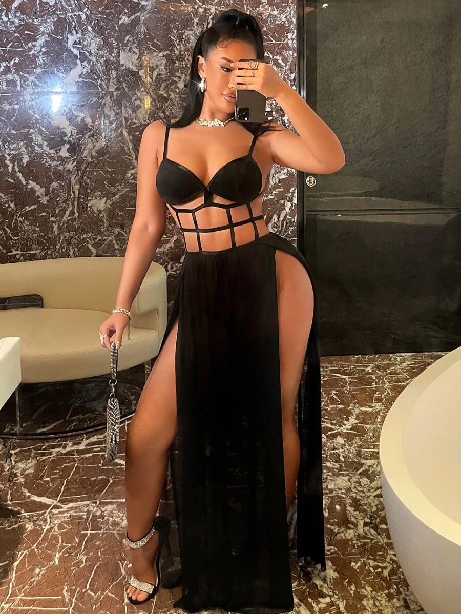 Cut Out M-slit Hem Mesh Maxi Cami Dress (P)