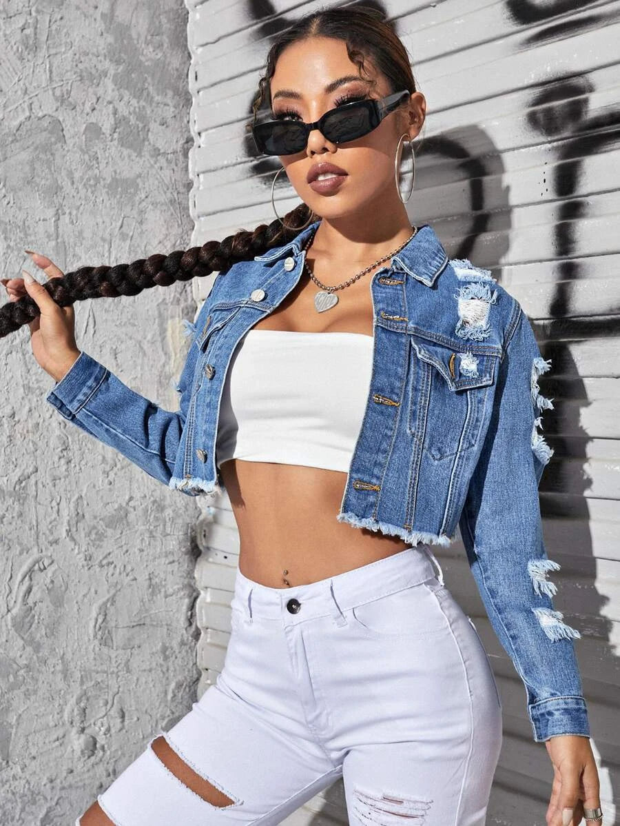 Ripped Raw Trim Button Front Crop Denim Jacket