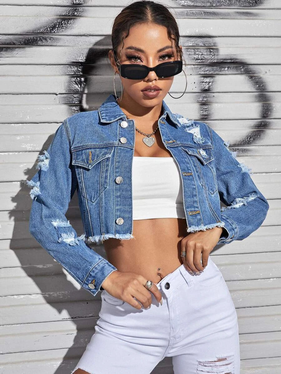 Ripped Raw Trim Button Front Crop Denim Jacket