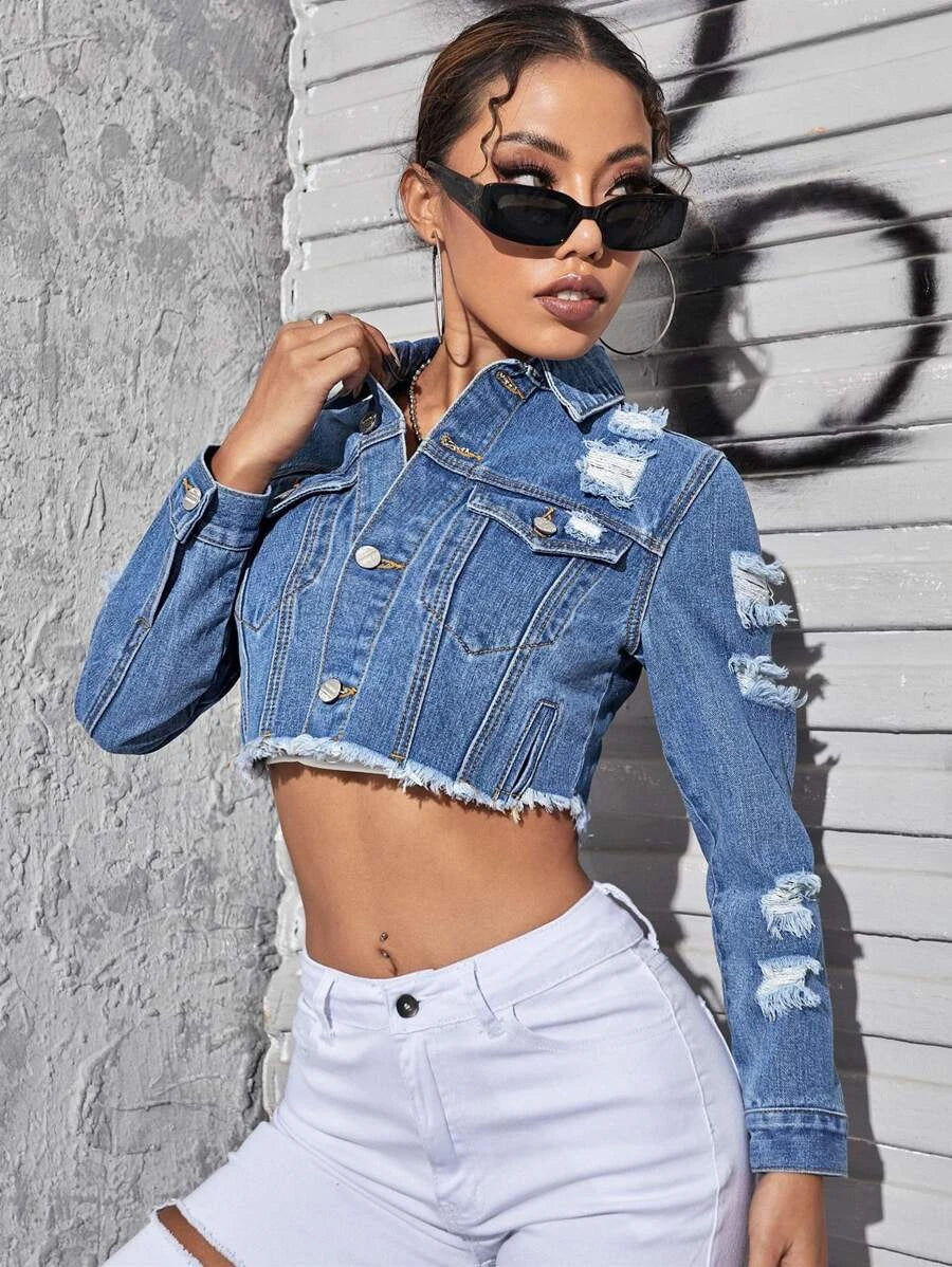 Ripped Raw Trim Button Front Crop Denim Jacket