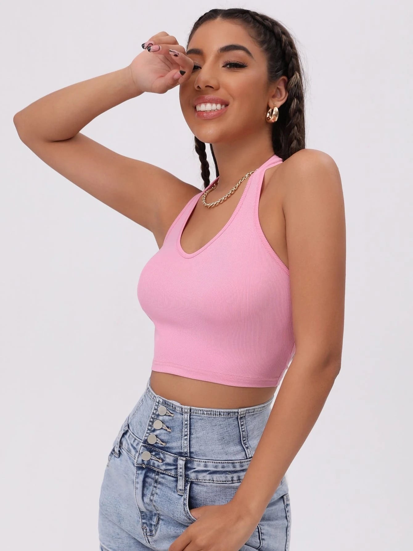 Halterneck Solid Rib-knit Crop Top - Only S, M and L available