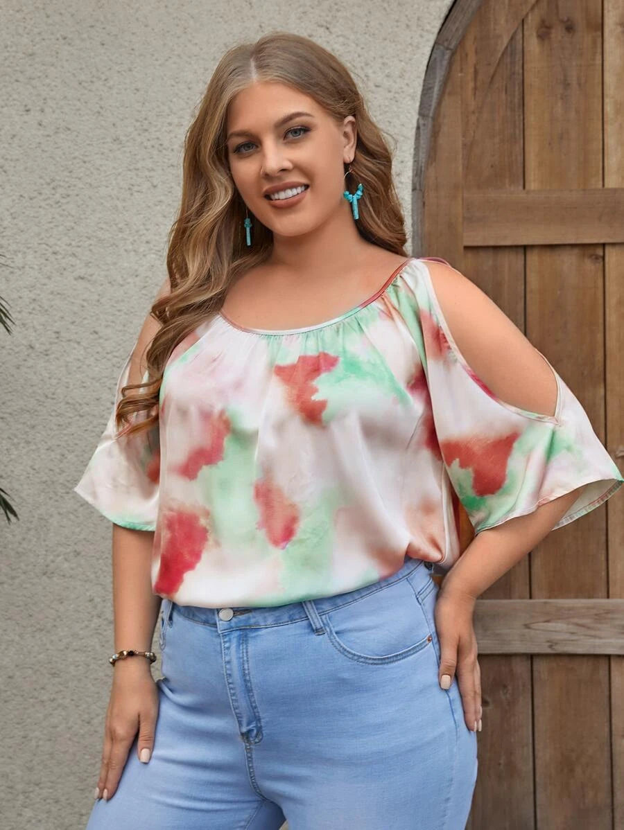 Plus Tie Dye Cold Shoulder Blouse (V)