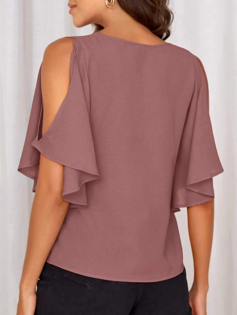 V-neck Split Sleeve Solid Top (A)
