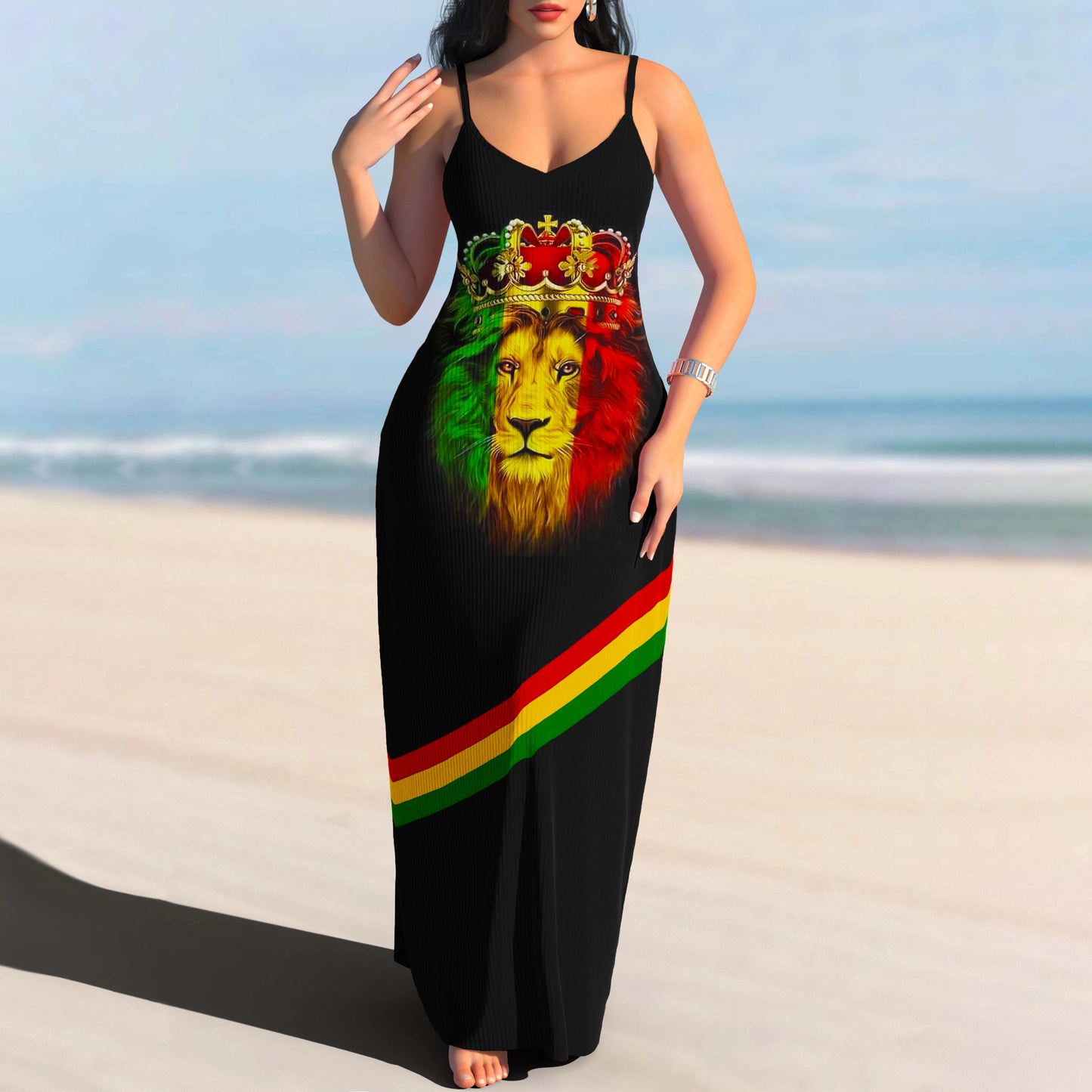 Juneteenth Reggae Lion Stripe Maxi Dress (v)