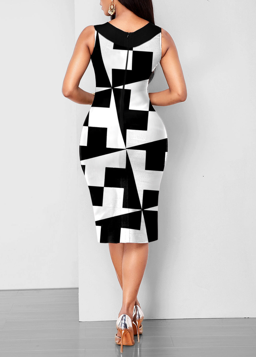 Color Block V Neck Geometric Print Sleeveless Dress - (verified)