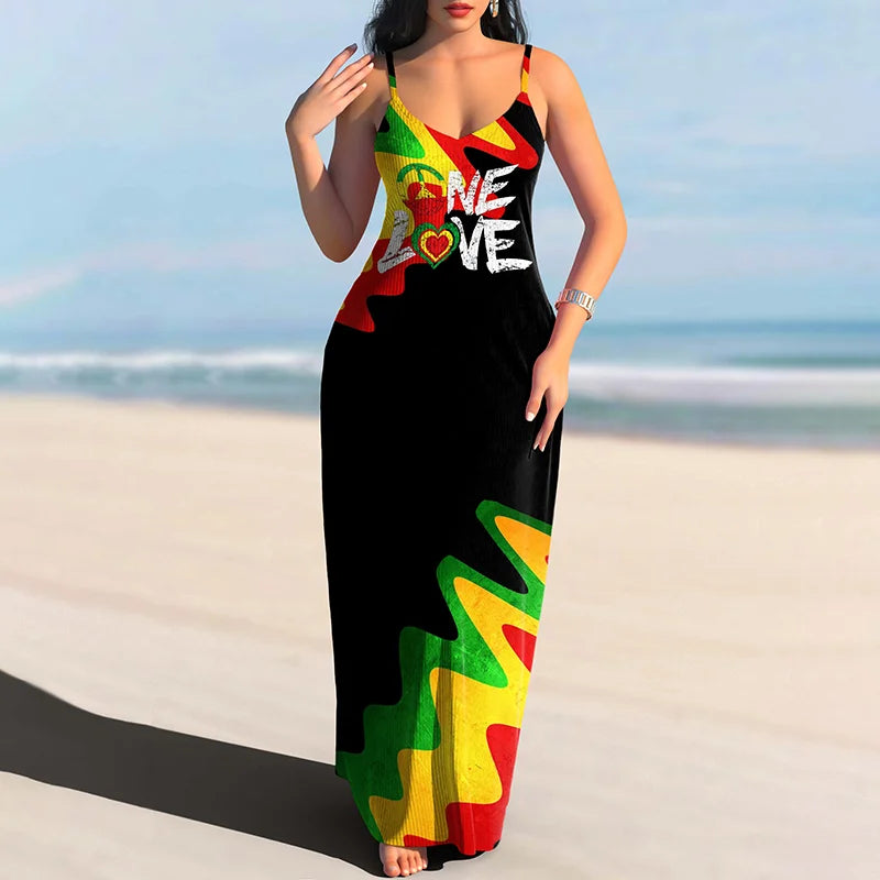 African Color Landscape Love Suspenders Maxi Dress (v)