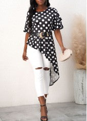 Layered Asymmetric Hem Polka Dot Black Blouse - SALE at BZ40 - In Stock Item Only
