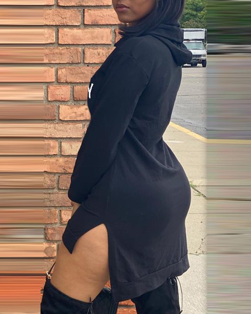 Letter Print Split Hem Long Sleeve Sweatshirt Dress-(v)