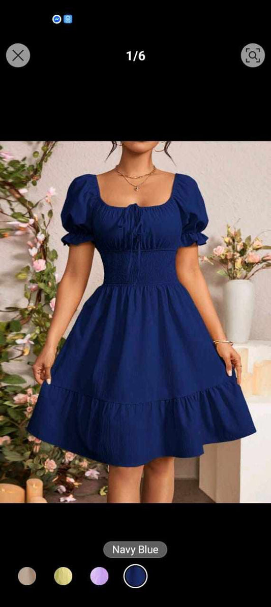 SHEIN Raffinéa Women's Summer Solid Color Front-Tie Short Puff Sleeve Ruffle Hem Elegant Dress