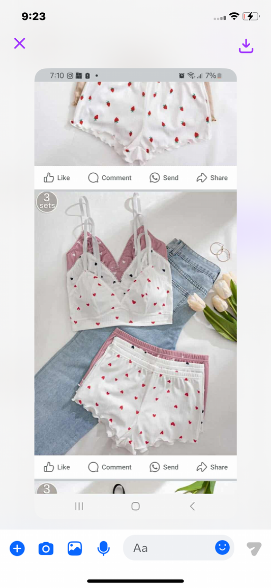 3pcs/Set Women Solid Heart Print Ruffle Trim Bra And Elastic Waist Shorts Pajama Set Two Pieces Set Women 2 Pieces Set