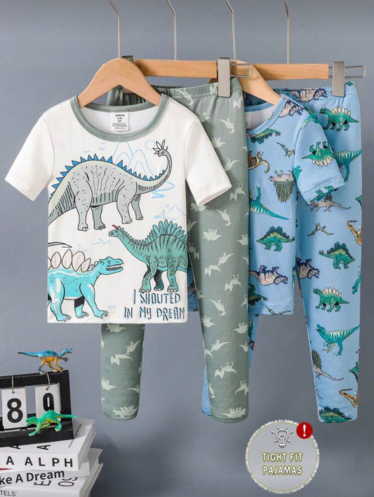 2pcs Young Boy Comfortable Dinosaur Print Short Sleeve Top And Snug Fit Pants 2 Pieces Pajama Set