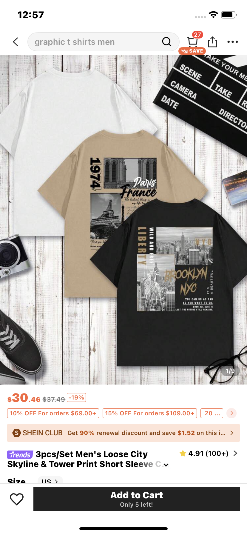 3pcs/Set Men's Loose City Skyline & Tower Print Short Sleeve Casual Crew Neck T-Shirts Tee
