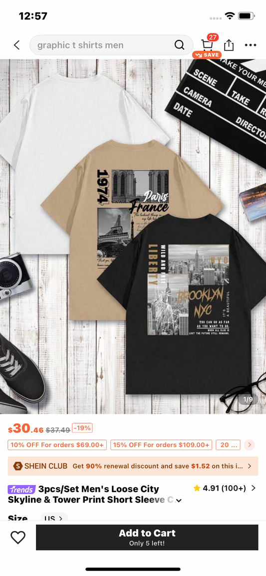 3pcs/Set Men's Loose City Skyline & Tower Print Short Sleeve Casual Crew Neck T-Shirts Tee