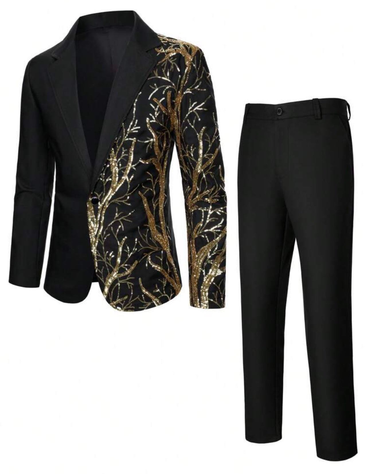 Manfinity Bizformal Men's Sequin Patchwork Blazer And Solid Color Suit Trousers Set For Party/Performance , Men Party Outfit , Prom Suits