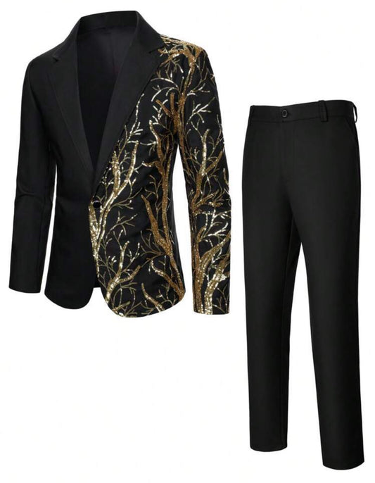 Manfinity Bizformal Men's Sequin Patchwork Blazer And Solid Color Suit Trousers Set For Party/Performance , Men Party Outfit , Prom Suits