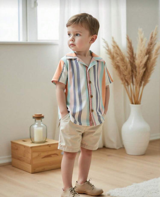 Vintaside Kids Young Boys Casual Floral Striped Pattern Lapel Collar Short Sleeve Shirt Top, Summer Summer Holiday