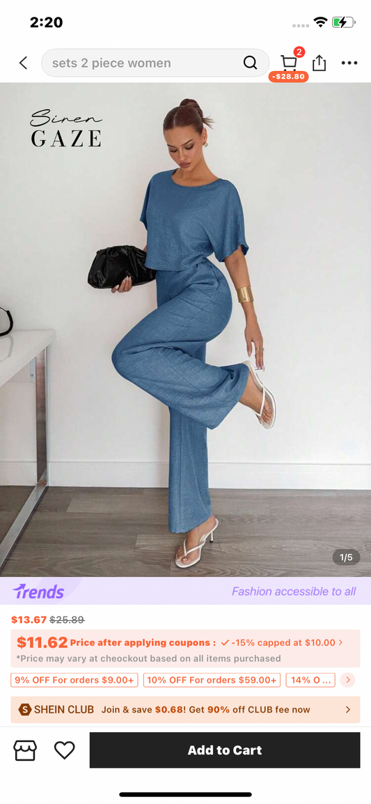 Siren Gaze 2pcs Women Solid Color Pleated Shirt And Pants Casual Suit Summer