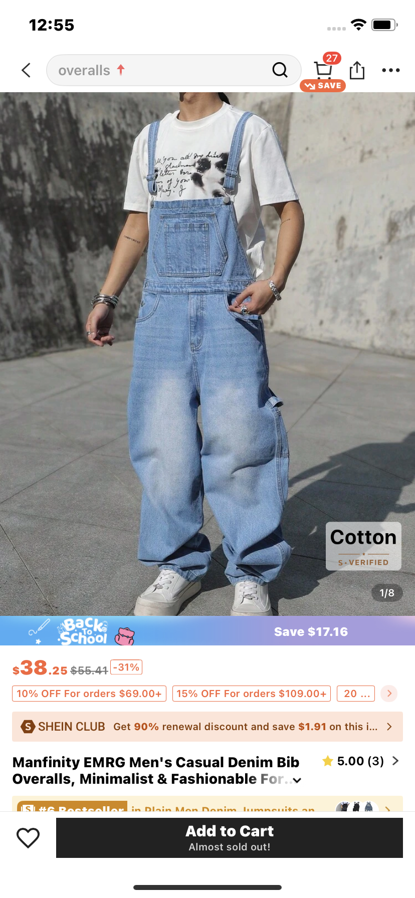 Manfinity EMRG Men's Casual Denim Bib Overalls, Minimalist & Fashionable For Daily Wear College Going Out Urban Hang Out