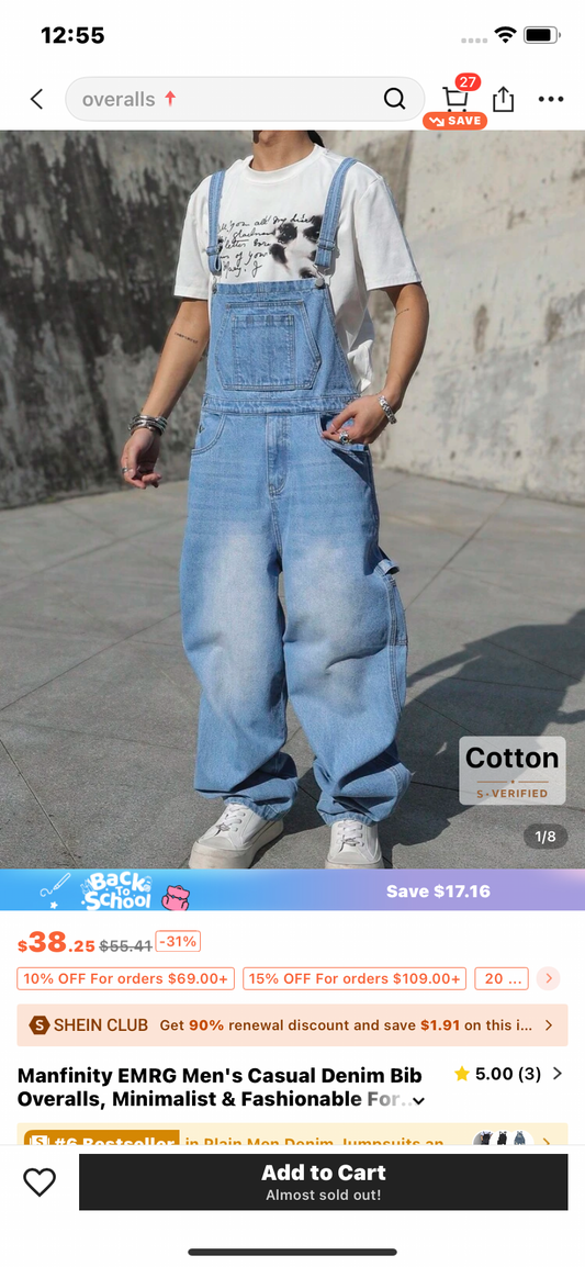 Manfinity EMRG Men's Casual Denim Bib Overalls, Minimalist & Fashionable For Daily Wear College Going Out Urban Hang Out