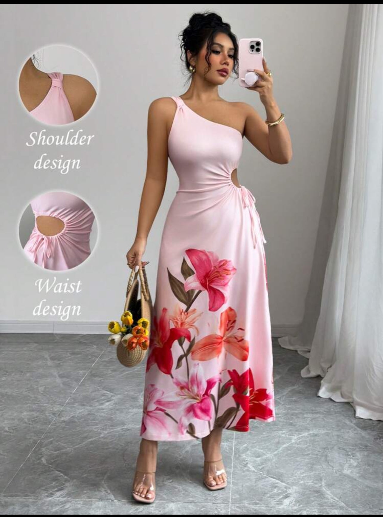 Elenzga Women's Fashion Vacation Asymmetrical Open Shoulder Sleeveless Cinched Waist Hollow-Out Lily Flower Print Dress, Spring/Summer