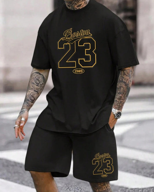 Manfinity LEGND Men's Casual Letter Printed Short Sleeve T-Shirt And Shorts Set