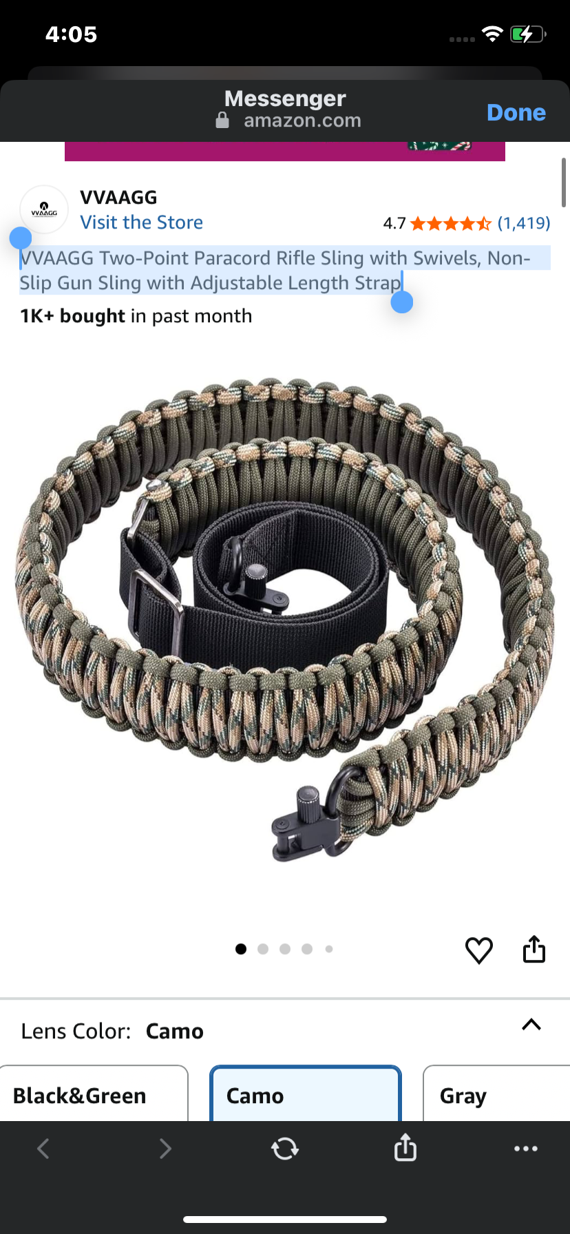 VVAAGG Two-Point Paracord Rifle Sling with Swivels, Non-Slip Gun Sling with Adjustable Length Strap