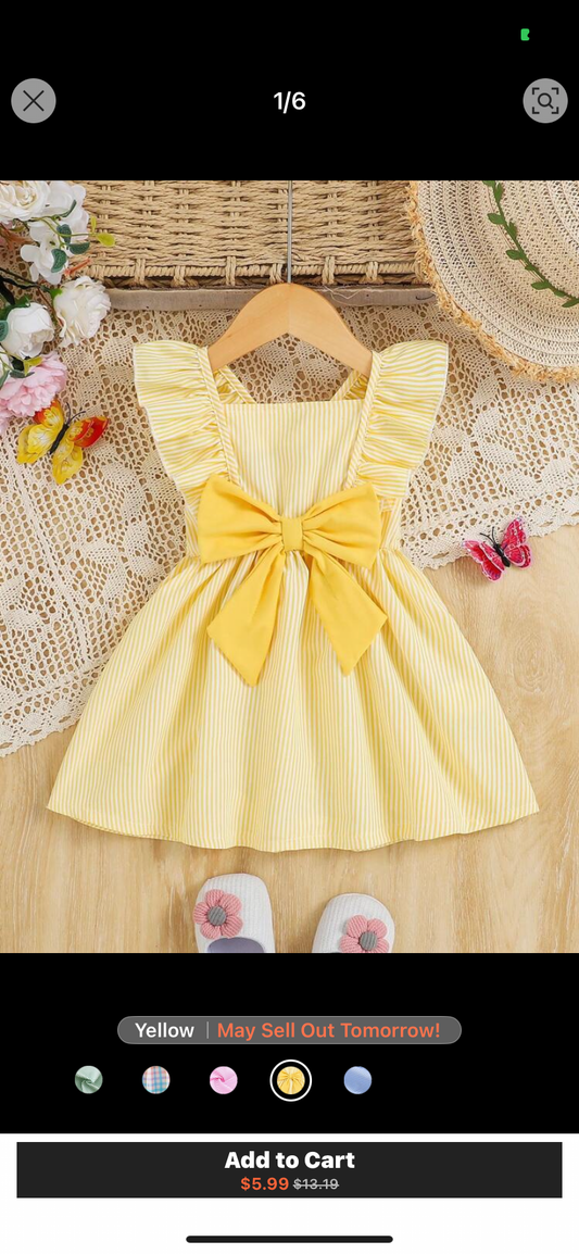 SHEIN Baby/Toddler Girl Striped Ruffle Trim Bowknot Front Pink Dress, Casual Fashionable Infant OOTD Dress, Spring/Summer