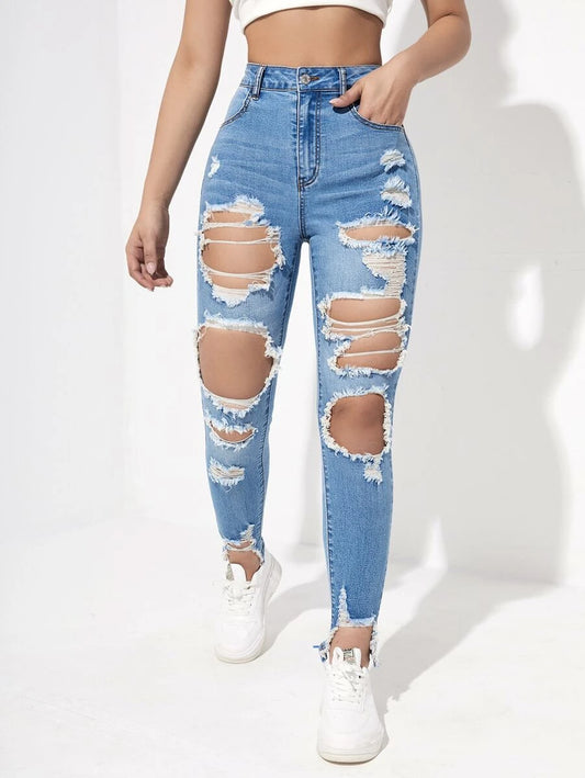 High Waist Cut Out Ripped Raw Hem Skinny Jeans (A)
