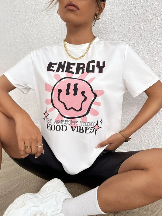 EZwear Cartoon & Letter Graphic Tee Energy- (v)
