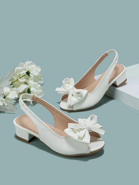 Girls Bow Decor Peep Toe Heeled Sandals - Beige summer Slingback Sandals