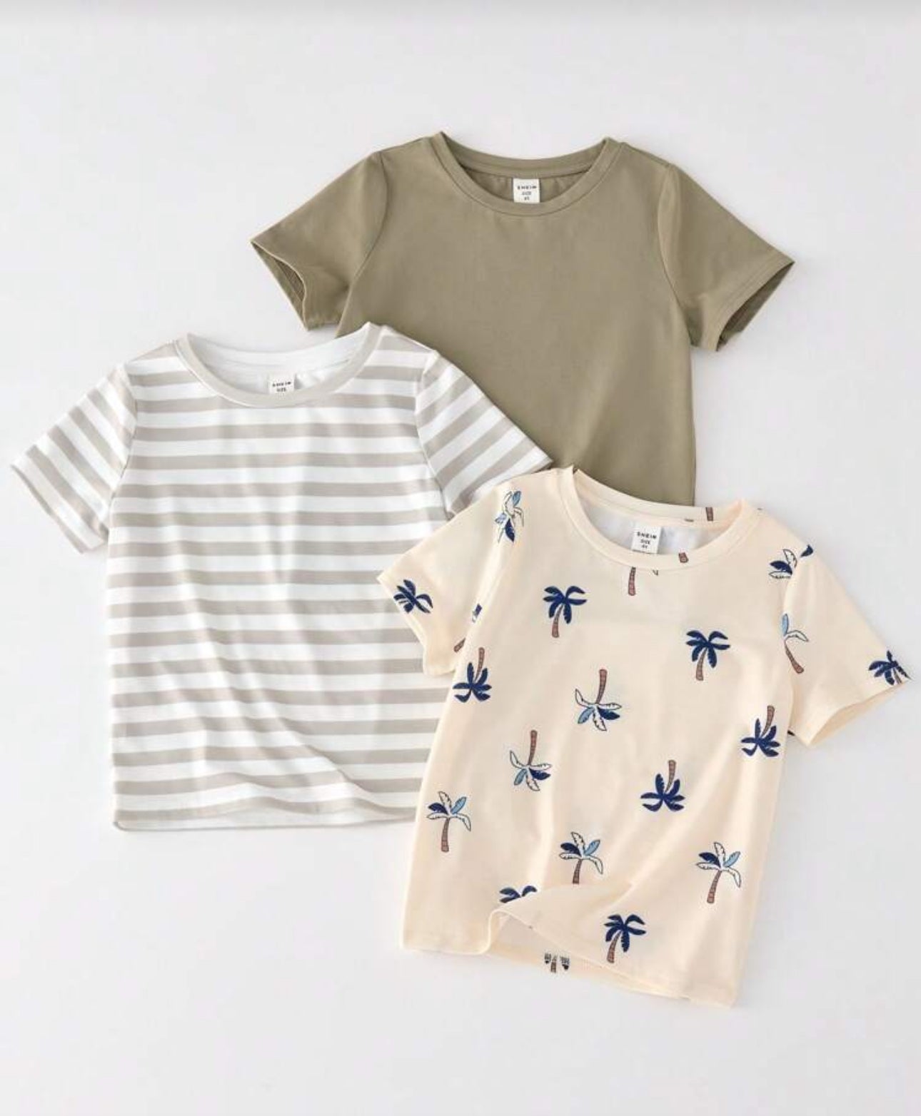 3pcs/Set Kids Boys Casual Everyday Vacation Versatile Comfortable Solid, Striped, & Coconut Tree Print Crew Neck Loose Fit Short Sleeve Knit T-Shirt 3 Assorted Styles, Suitable For School, Garden, Beach, Birthday, Spring, Summer, Fall, Winter