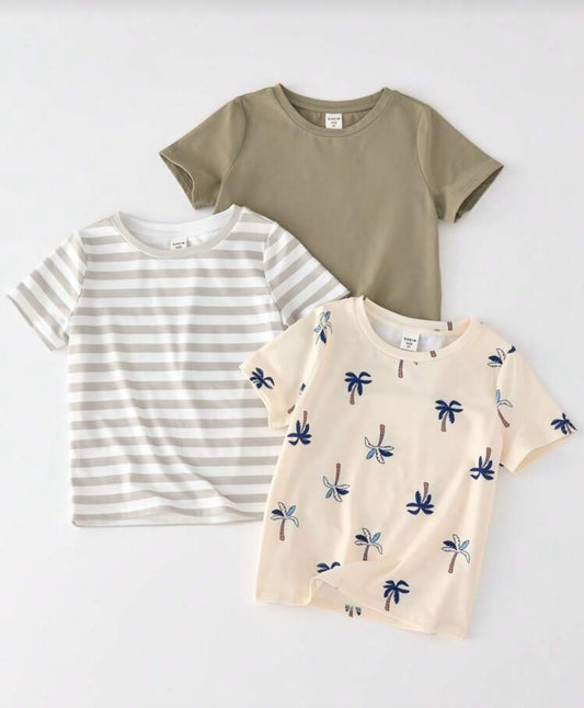 3pcs/Set Kids Boys Casual Everyday Vacation Versatile Comfortable Solid, Striped, & Coconut Tree Print Crew Neck Loose Fit Short Sleeve Knit T-Shirt 3 Assorted Styles, Suitable For School, Garden, Beach, Birthday, Spring, Summer, Fall, Winter