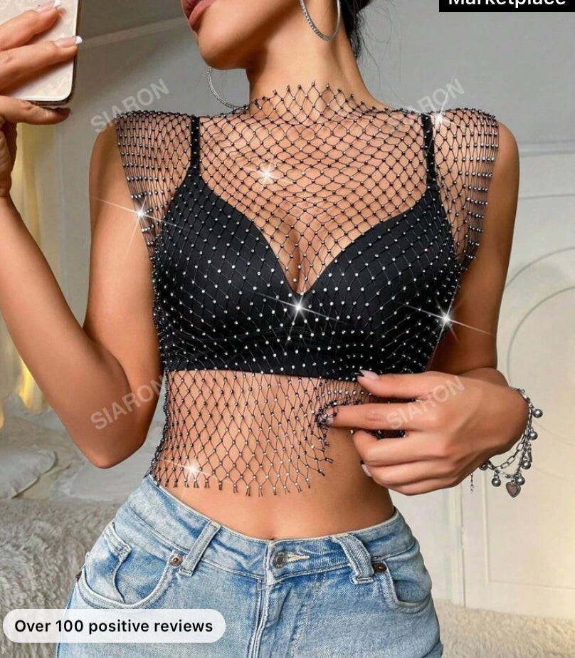 Women's Sexy Rhinestoned Hollow Neck Sleeveless Top, Summer