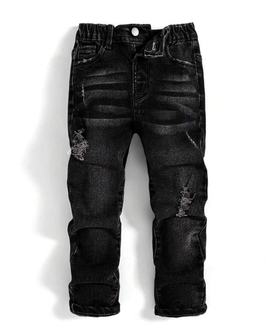 Young Boy Black Comfortable And Refreshing Dark Wash Cut Out Ripped Frayed Design Elasticity Jeans For Dailywear Black Jeans For Kidsblack Jeans For Boyskids Black Jeans