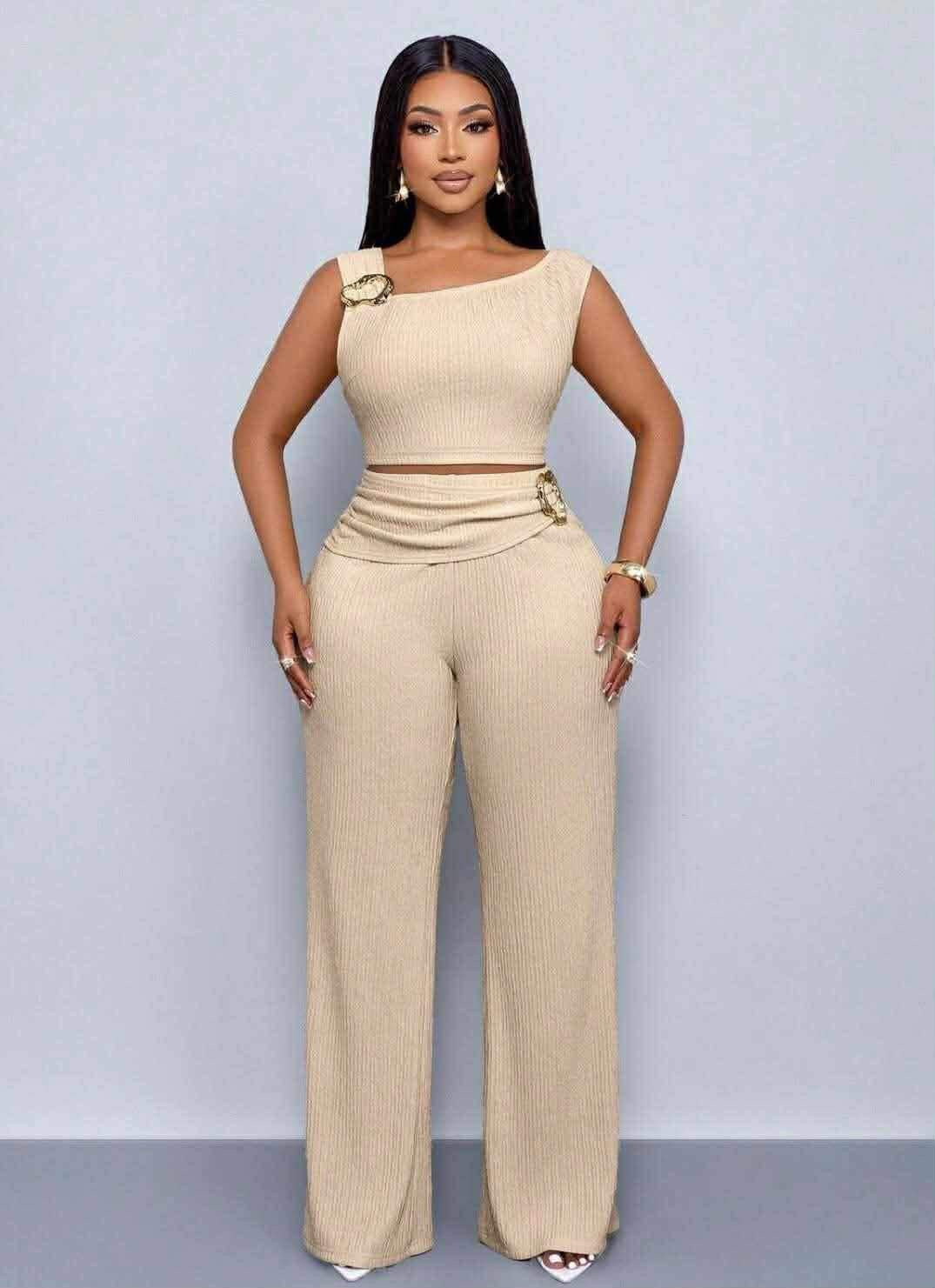 SOLERSUN Women Outfits Spring Summer Casual Daily Wear  Festival Outfits Hippie Solid Color Asymmetrical Neck Top & Flare Leg Pants Two-Piece