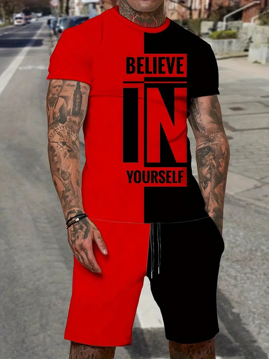 Fashion Men's Summer Set, "Believe In Yourself" Graphic Print T-shirt Shorts Set For Males, Casual Daily Clothing, Plus Size