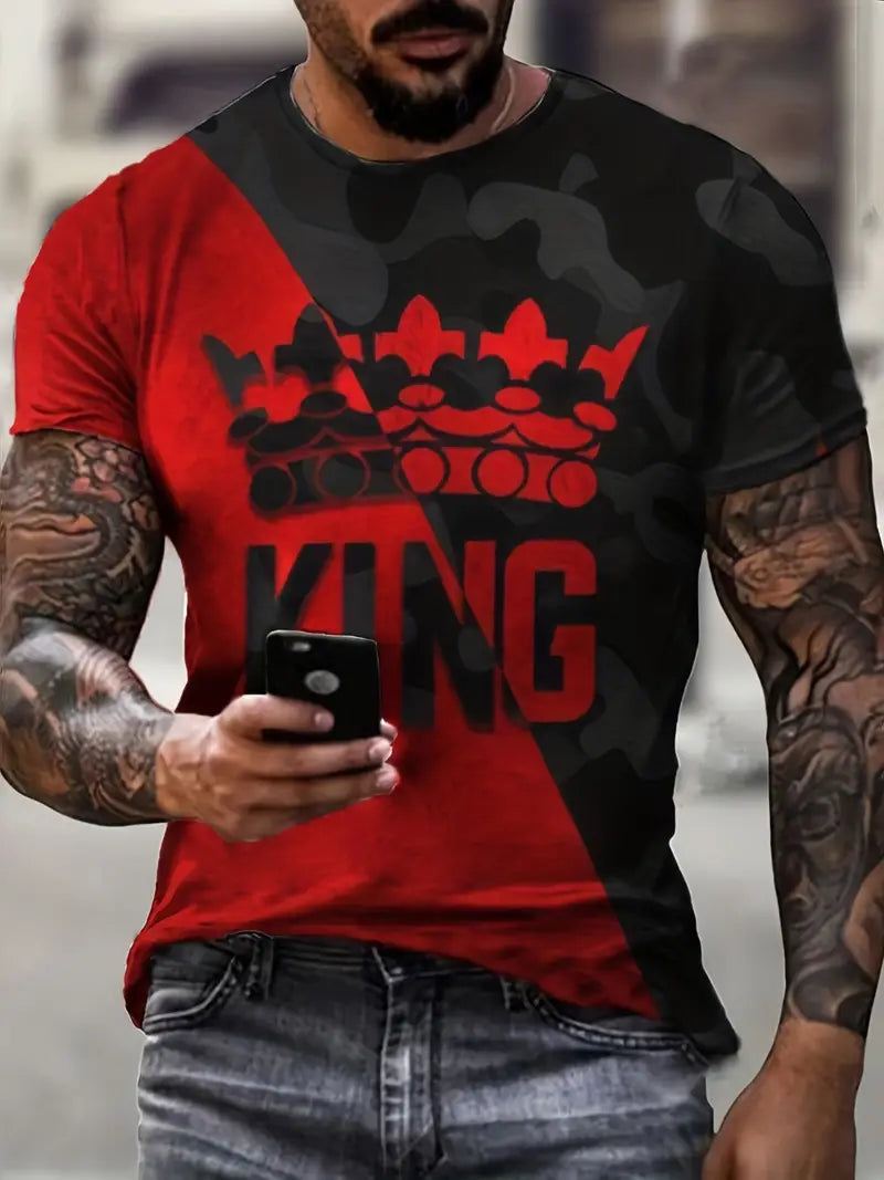 Crown & Letter KING 3D Digital Pattern Print Color Block Graphic T-shirts, Causal Tees, Short Sleeves Comfortable Pullover Tops, Men's Summer Clothing