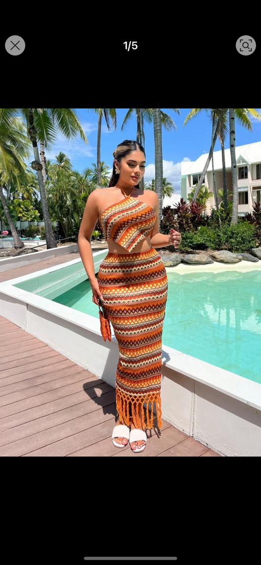SHEIN SXY Colorful Halter Neck Knitted Sleeveless Top And Thigh Split Fringed Skirt Set Summer Vacation Holiday Beach BOHO