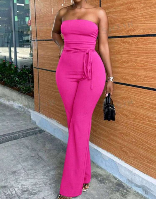 SHEIN Slayr Elegant Casual Purple-Red Wrap Around Bandeau Flared Jumpsuit With Waist Tie For Women