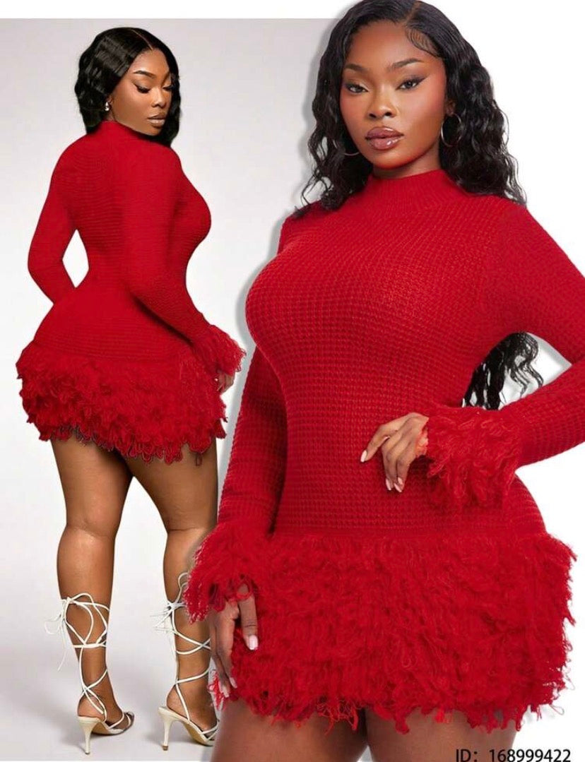 Radiana Plus Size Women's Red Autumn Elegant Party Long Sleeve Fringe Mini Bodycon Knit Sweater Dress,Feather Trim Y2k Clothes For Christmas & Clubwear